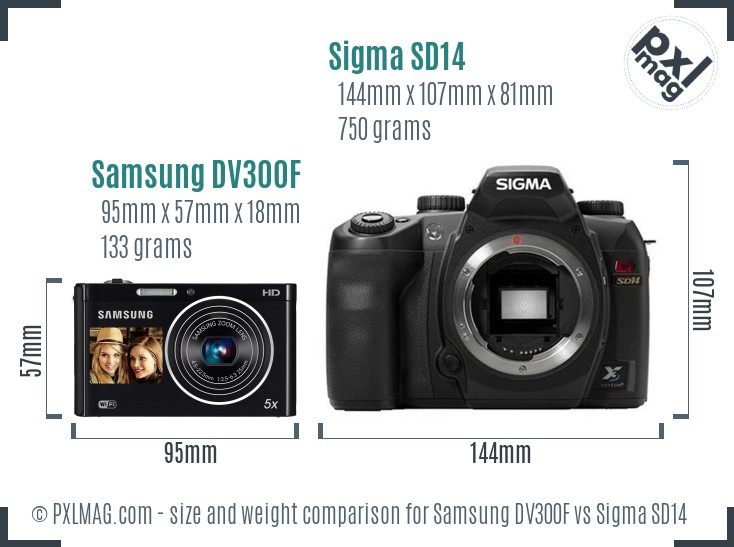 Samsung DV300F vs Sigma SD14 size comparison