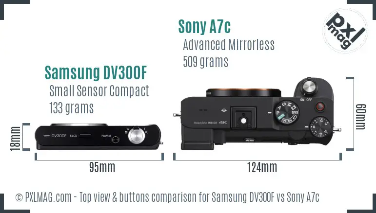 Samsung DV300F vs Sony A7c top view buttons comparison
