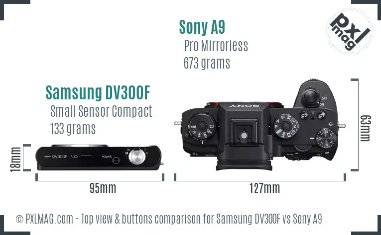 Samsung DV300F vs Sony A9 top view buttons comparison