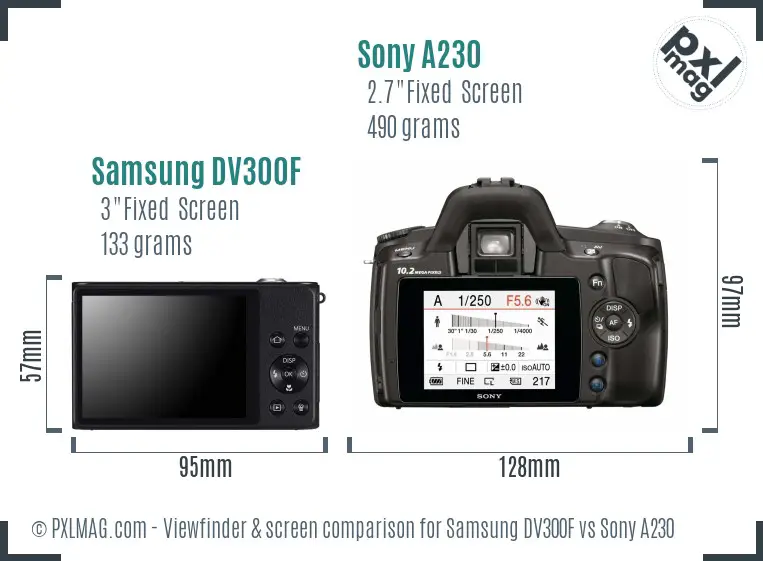 Samsung DV300F vs Sony A230 Screen and Viewfinder comparison