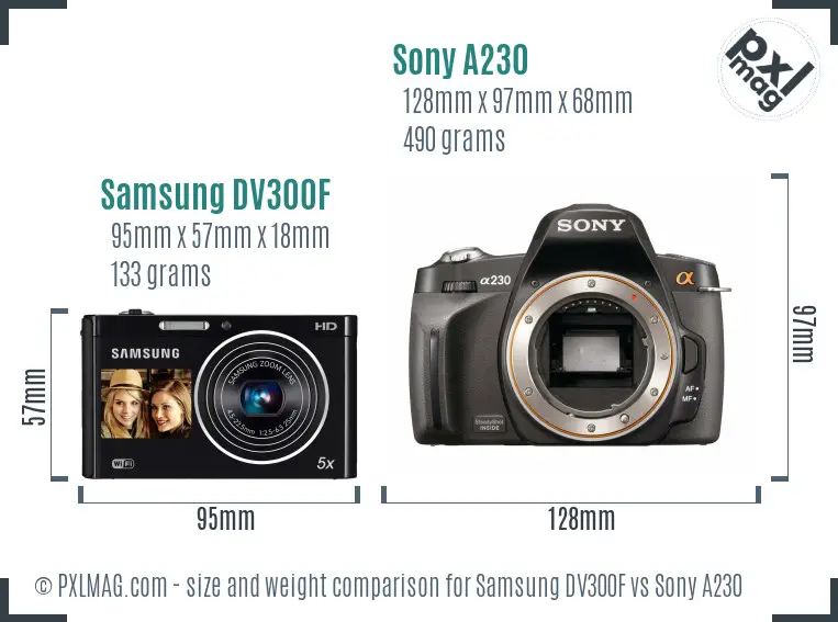 Samsung DV300F vs Sony A230 size comparison