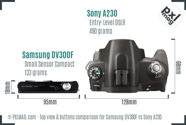 Samsung DV300F vs Sony A230 top view buttons comparison