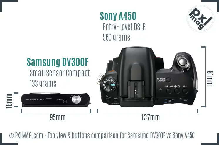 Samsung DV300F vs Sony A450 top view buttons comparison