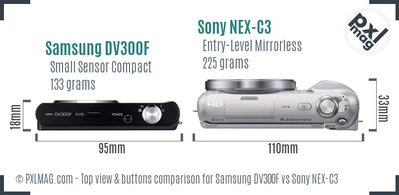 Samsung DV300F vs Sony NEX-C3 top view buttons comparison