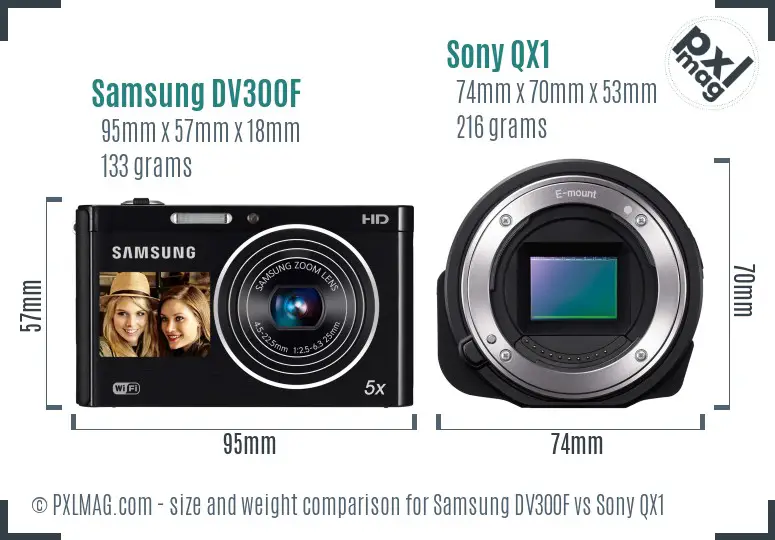 Samsung DV300F vs Sony QX1 size comparison