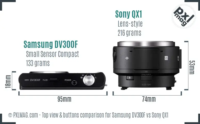 Samsung DV300F vs Sony QX1 top view buttons comparison