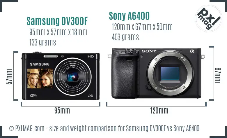Samsung DV300F vs Sony A6400 size comparison
