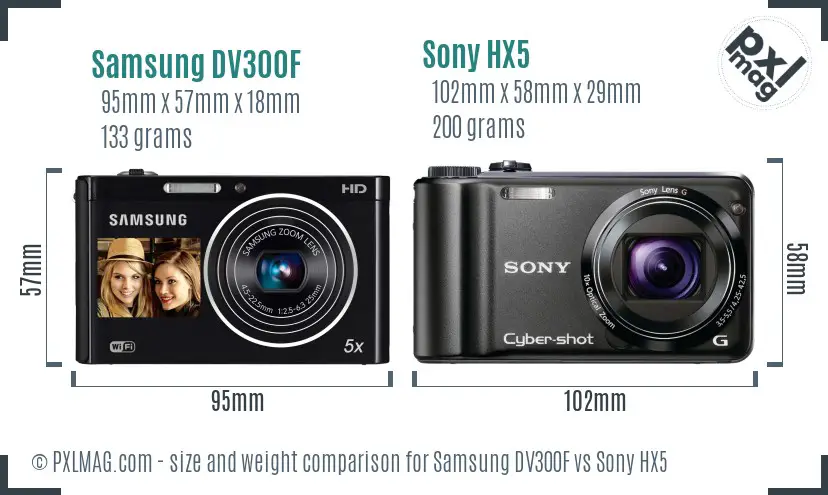 Samsung DV300F vs Sony HX5 size comparison