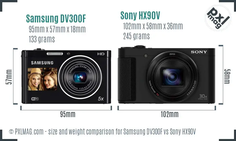 Samsung DV300F vs Sony HX90V size comparison