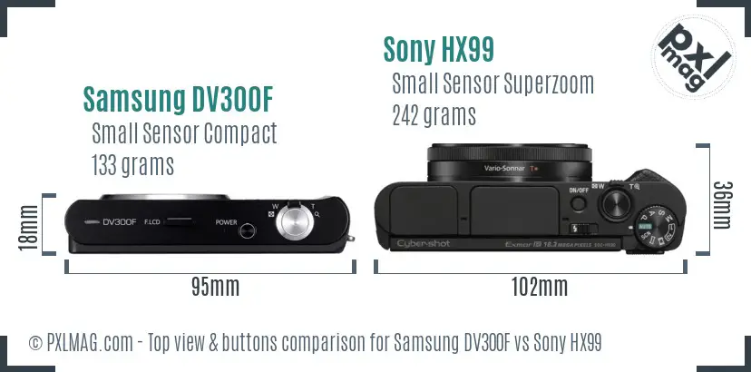 Samsung DV300F vs Sony HX99 top view buttons comparison Samsung DV300F vs Sony HX99 top view buttons comparison
