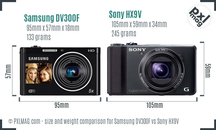 Samsung DV300F vs Sony HX9V size comparison