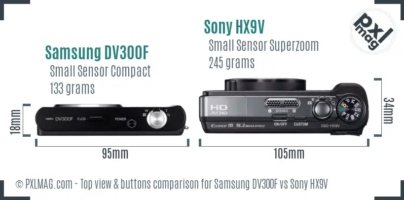 Samsung DV300F vs Sony HX9V top view buttons comparison