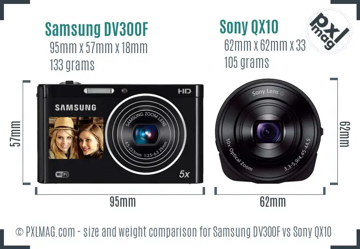 Samsung DV300F vs Sony QX10 size comparison
