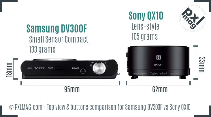 Samsung DV300F vs Sony QX10 top view buttons comparison
