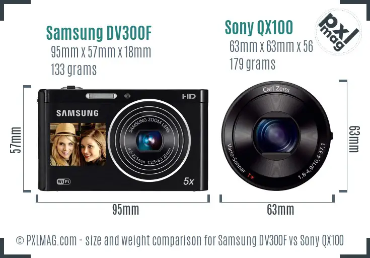 Samsung DV300F vs Sony QX100 size comparison