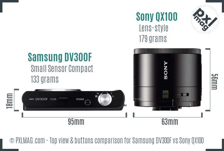 Samsung DV300F vs Sony QX100 top view buttons comparison