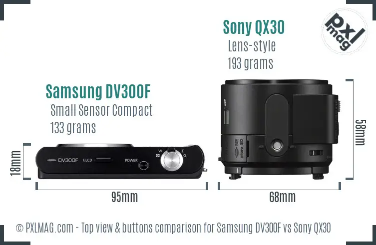 Samsung DV300F vs Sony QX30 top view buttons comparison