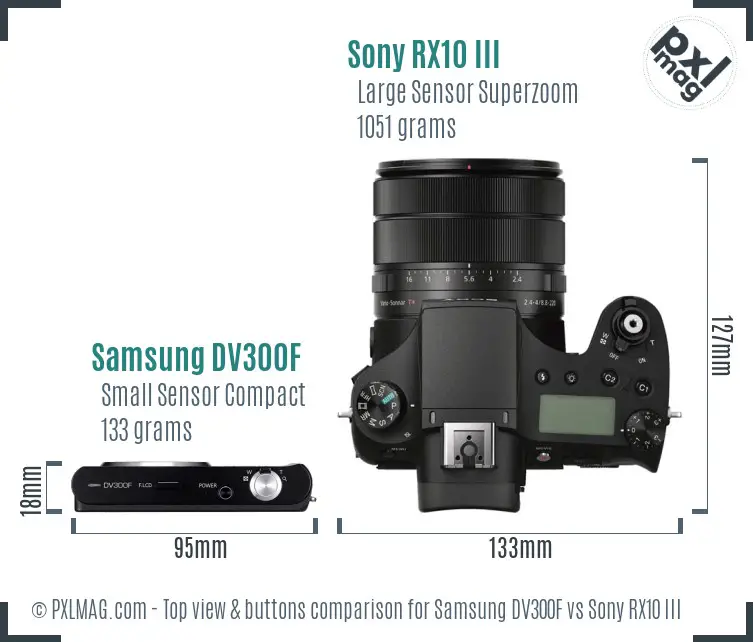 Samsung DV300F vs Sony RX10 III top view buttons comparison