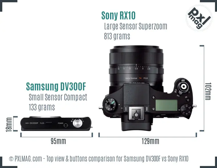 Samsung DV300F vs Sony RX10 top view buttons comparison
