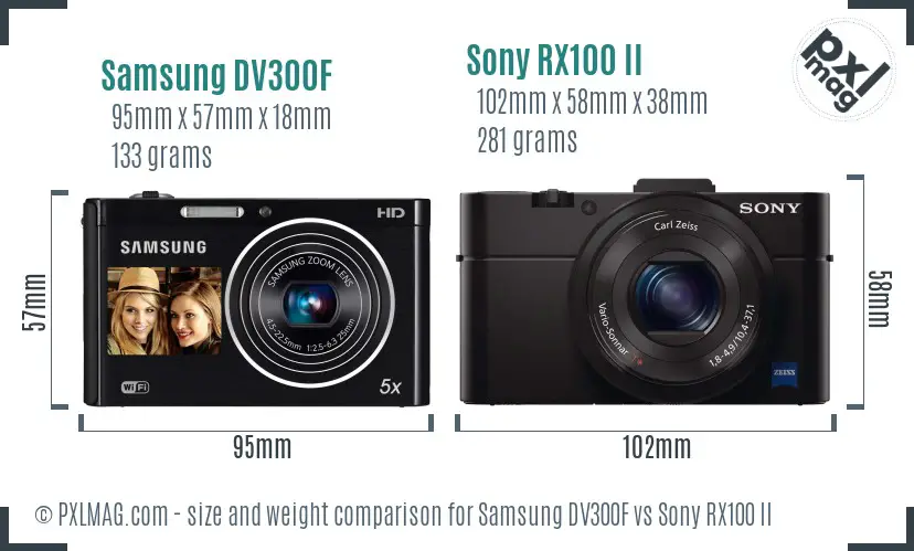 Samsung DV300F vs Sony RX100 II size comparison