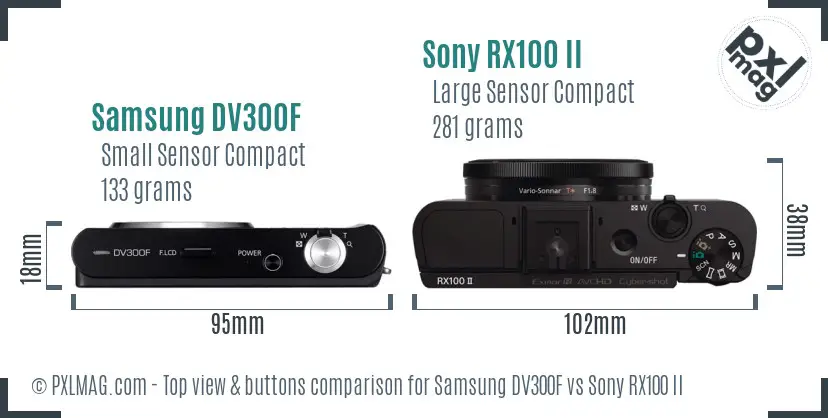 Samsung DV300F vs Sony RX100 II top view buttons comparison