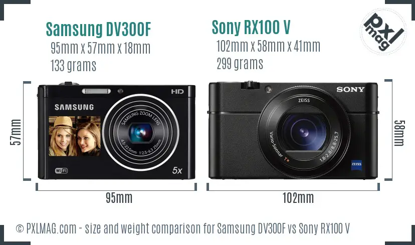 Samsung DV300F vs Sony RX100 V size comparison