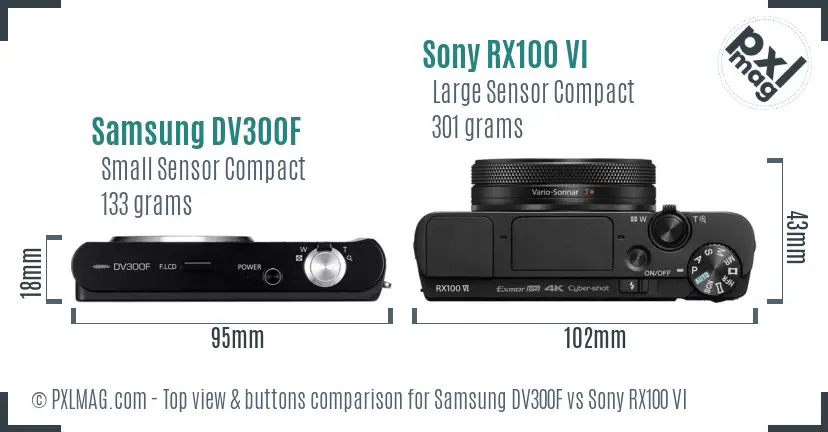 Samsung DV300F vs Sony RX100 VI top view buttons comparison