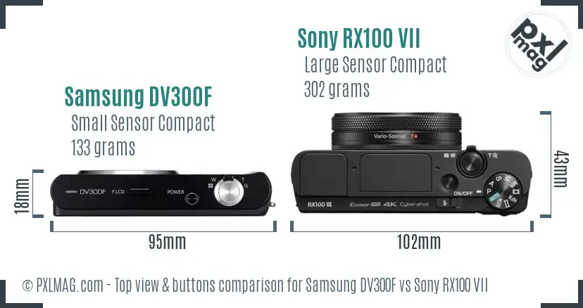 Samsung DV300F vs Sony RX100 VII top view buttons comparison