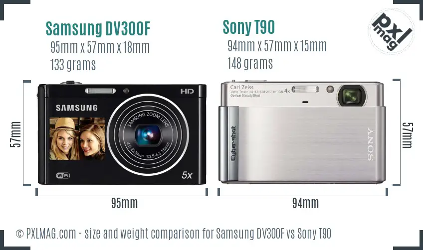 Samsung DV300F vs Sony T90 size comparison