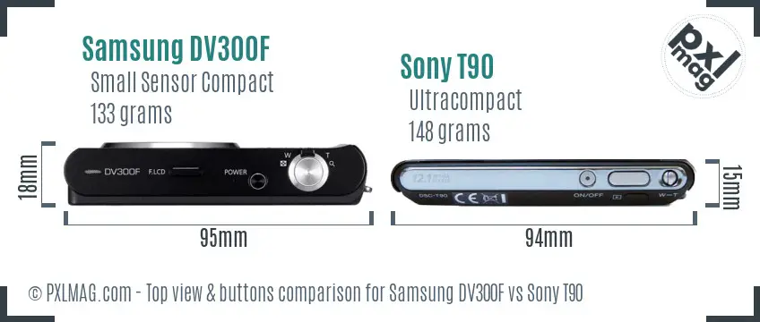 Samsung DV300F vs Sony T90 top view buttons comparison