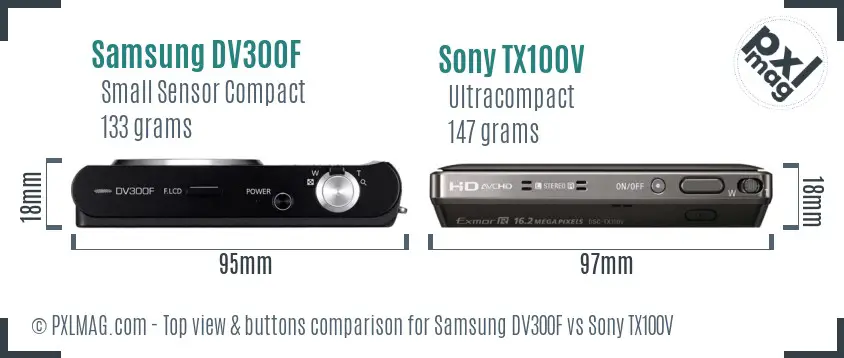 Samsung DV300F vs Sony TX100V top view buttons comparison
