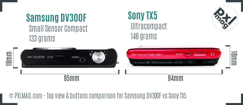 Samsung DV300F vs Sony TX5 top view buttons comparison