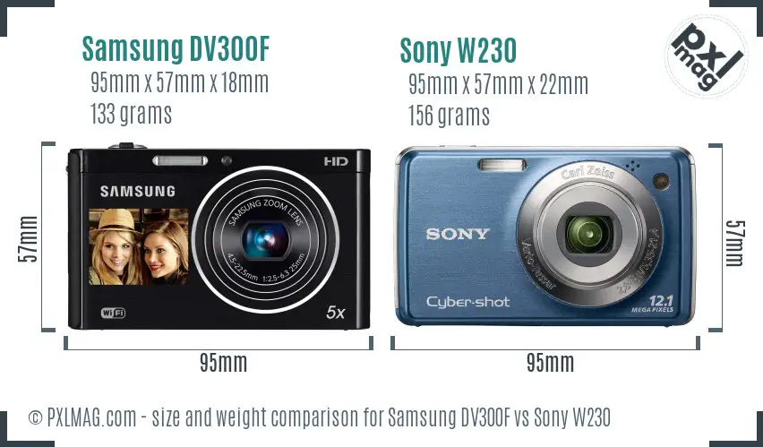 Samsung DV300F vs Sony W230 size comparison