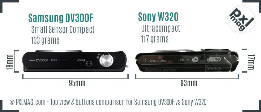 Samsung DV300F vs Sony W320 top view buttons comparison