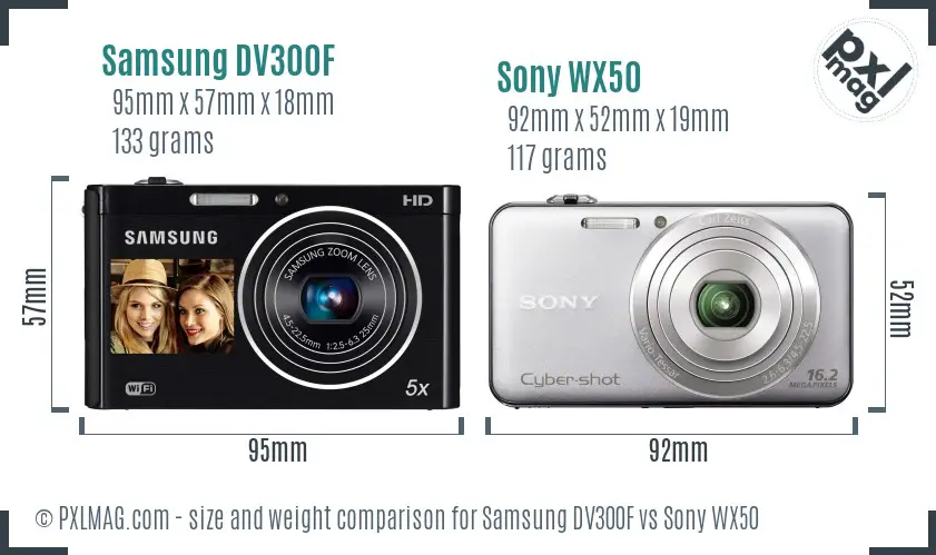 Samsung DV300F vs Sony WX50 size comparison