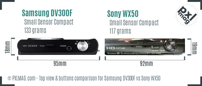 Samsung DV300F vs Sony WX50 top view buttons comparison