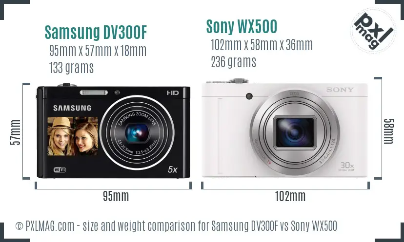 Samsung DV300F vs Sony WX500 size comparison