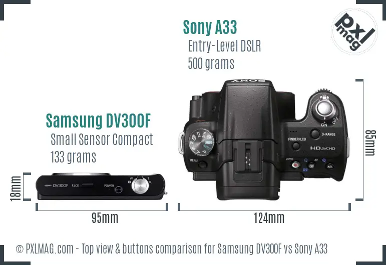 Samsung DV300F vs Sony A33 top view buttons comparison