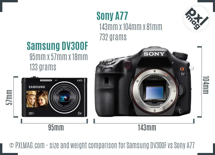 Samsung DV300F vs Sony A77 size comparison