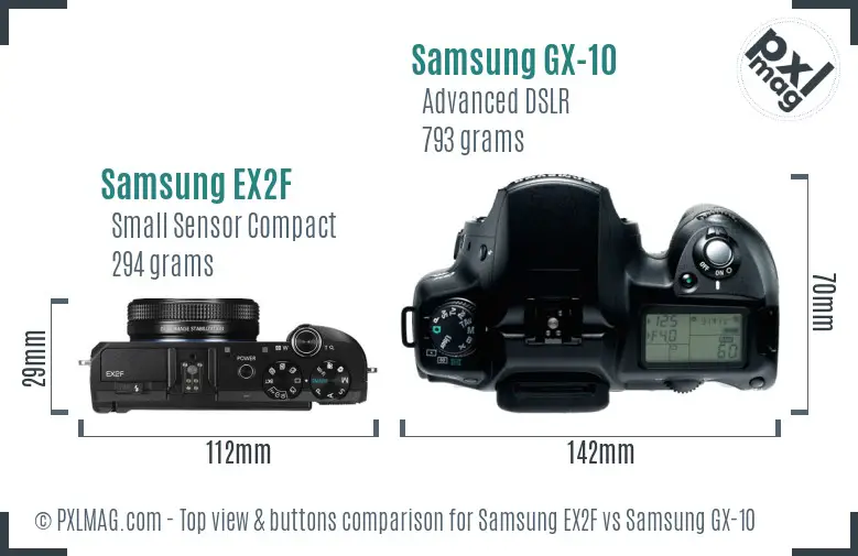 Samsung EX2F vs Samsung GX-10 top view buttons comparison