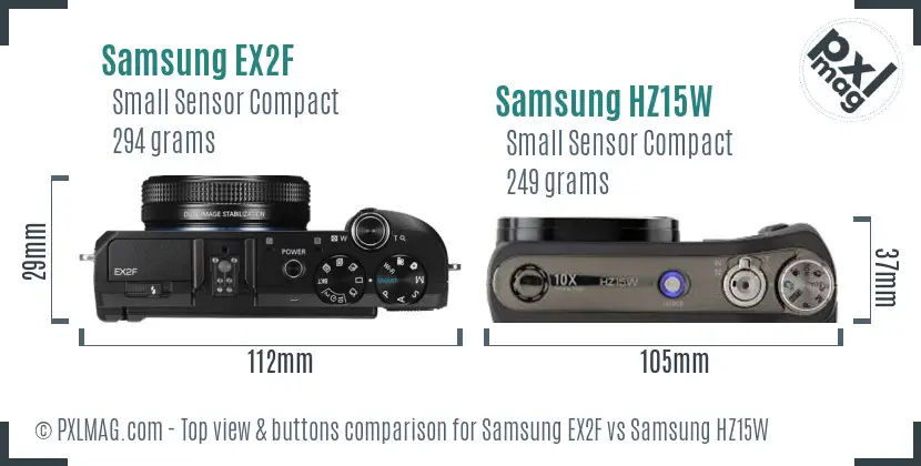 Samsung EX2F vs Samsung HZ15W top view buttons comparison