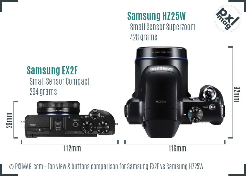 Samsung EX2F vs Samsung HZ25W top view buttons comparison
