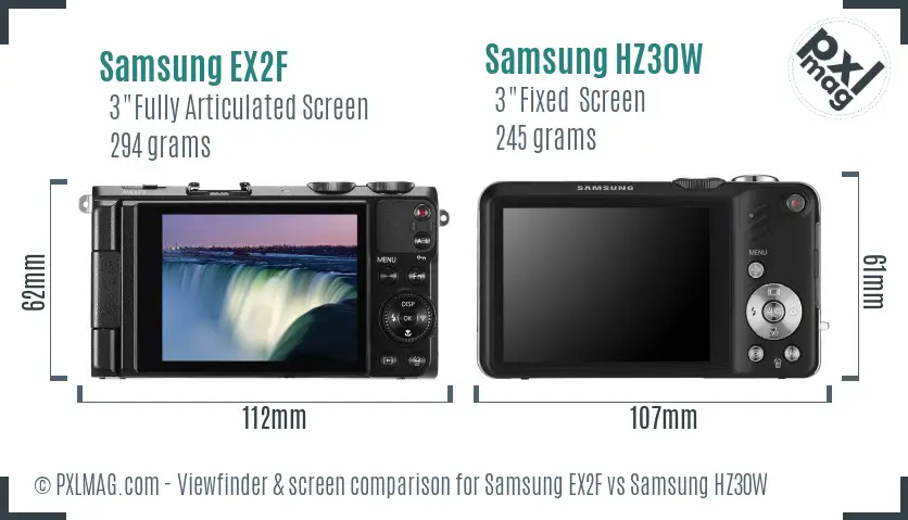 Samsung EX2F vs Samsung HZ30W Screen and Viewfinder comparison