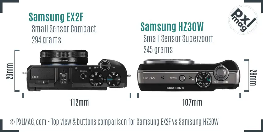 Samsung EX2F vs Samsung HZ30W top view buttons comparison