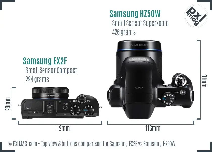 Samsung EX2F vs Samsung HZ50W top view buttons comparison