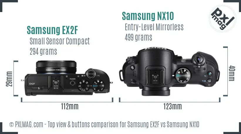 Samsung EX2F vs Samsung NX10 top view buttons comparison