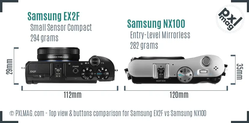 Samsung EX2F vs Samsung NX100 top view buttons comparison