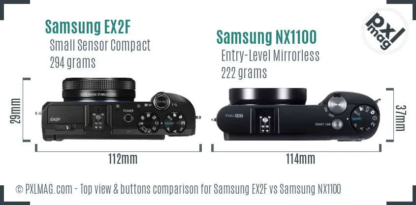 Samsung EX2F vs Samsung NX1100 top view buttons comparison