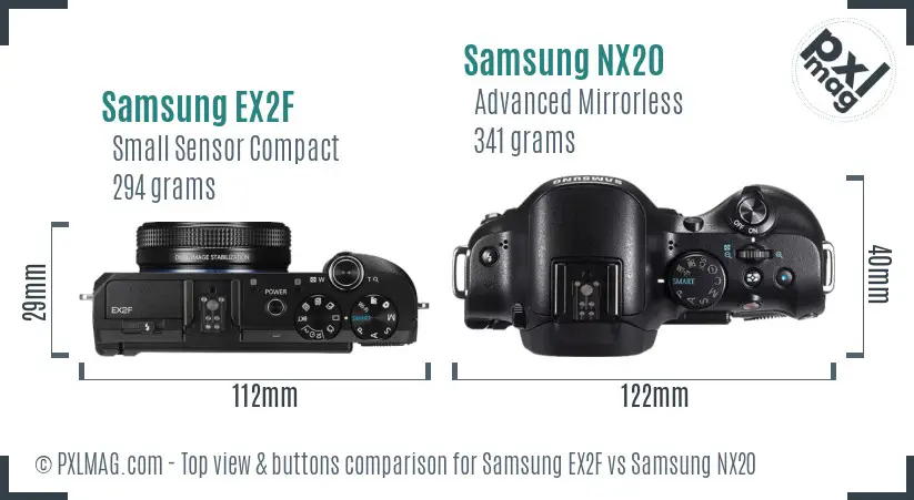 Samsung EX2F vs Samsung NX20 top view buttons comparison