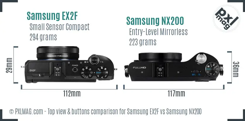 Samsung EX2F vs Samsung NX200 top view buttons comparison